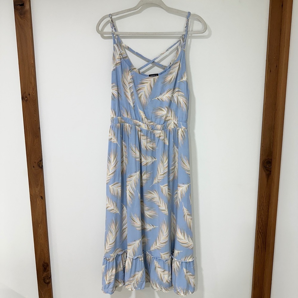 Torid Midi Dress Plus Size 3 Blue Rayon Feather Print Braided Strap Boho Summer